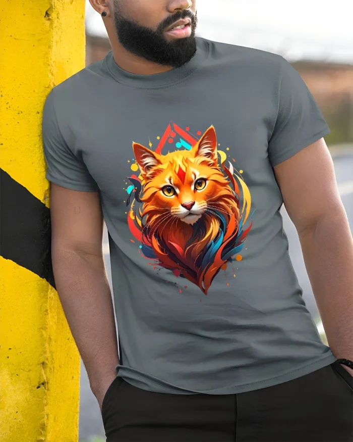 Radiant Cat Face Tee Artistic Feline Lover T-Shirt - model in grey shirt leaning against column