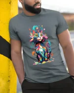 Psychedelic Kitty T-Shirt Vibrant Abstract Cat Tee - model in grey shirt leaning against column