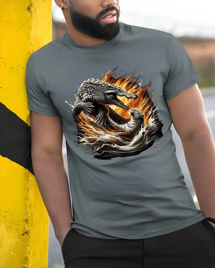 Croc Jaguar Clash Tee Fierce Animal Battle Graphic T-Shirt - model in grey shirt leaning against column