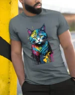 Color Burst Kitty Tee Unique Abstract Cat Graphic Tee - model in grey shirt leaning against column