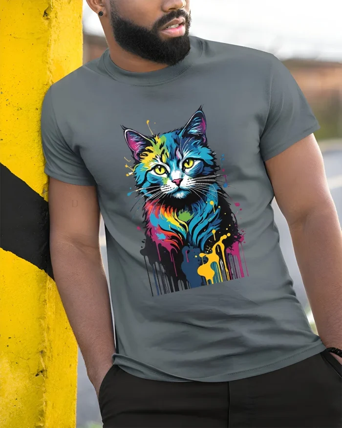 Color Burst Kitty Tee Unique Abstract Cat Graphic Tee - model in grey shirt leaning against column