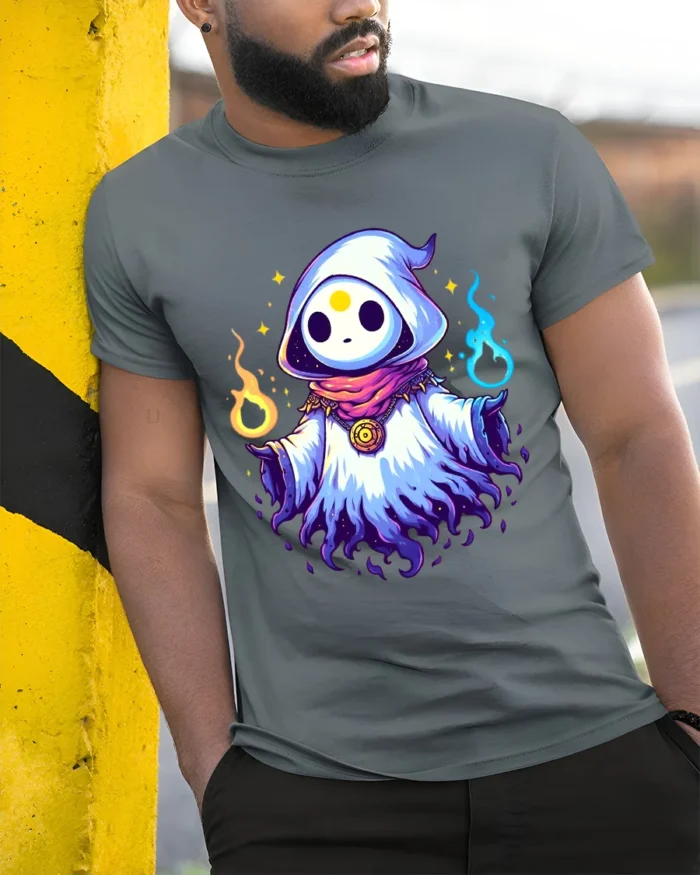 Cute Magic Hood Tee Whimsical Sorcerer Graphic T-Shirt - model in grey shirt leaning against column