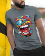 Urban Beast Graphic Tee Funny Graffiti Face T-Shirt - model in grey shirt leaning against column