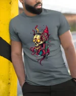 Toxic Soda Skull Tee Edgy Skeleton Drink T-Shirt Now - model in grey shirt leaning against column