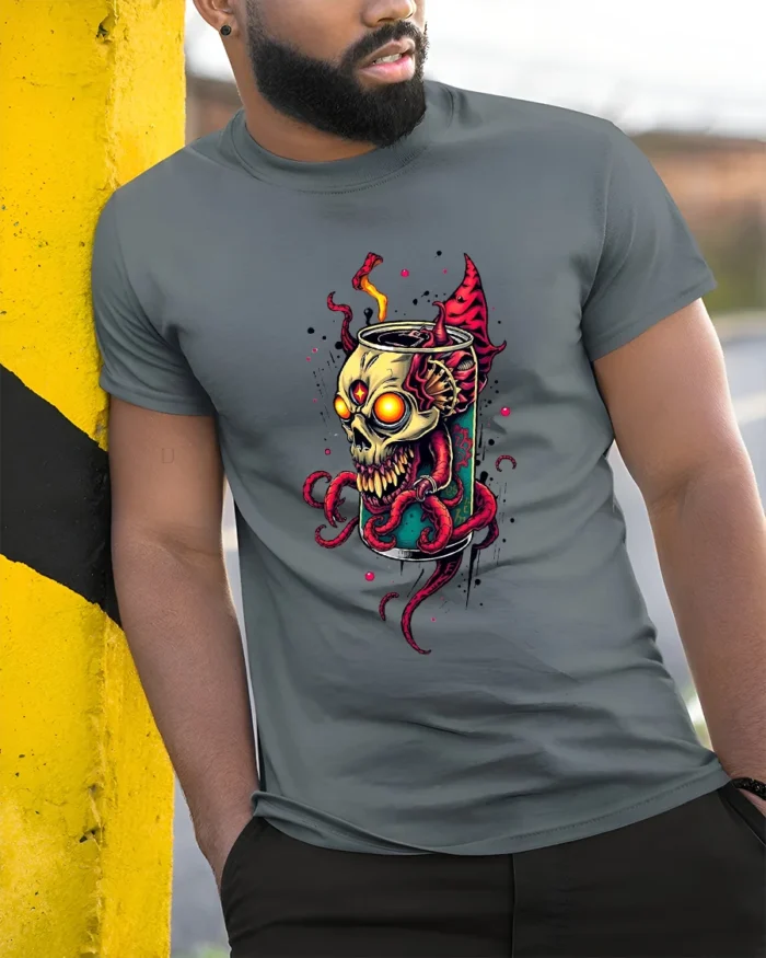 Toxic Soda Skull Tee Edgy Skeleton Drink T-Shirt Now - model in grey shirt leaning against column