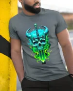 Horned Skull Sword Tee Fantasy Warrior Graphic T-Shirt - model in grey shirt leaning against column
