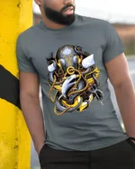 Kraken Attack Shark T-Shirt Ocean Monster Anchor Tee - model in grey shirt leaning against column