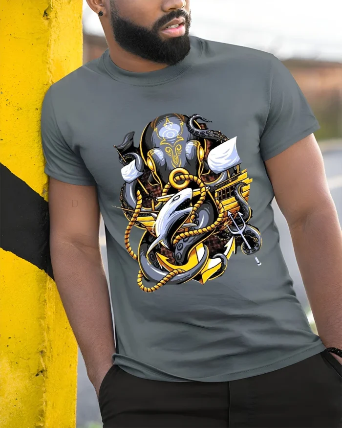 Kraken Attack Shark T-Shirt Ocean Monster Anchor Tee - model in grey shirt leaning against column