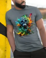 Ornate Sugar Skull Tee Colorful Day of the Dead T-Shirt - model in grey shirt leaning against column