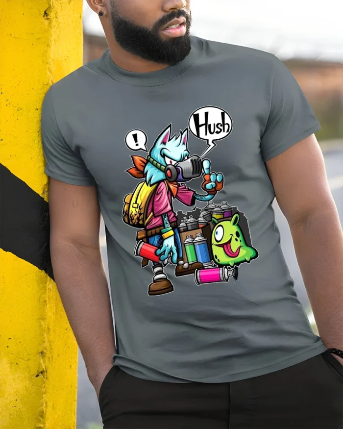 Spray Can Wolf Tee Cool Urban Style Animal Tee - model in grey shirt leaning against column