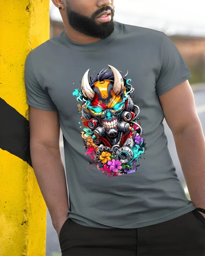 Cyberpunk Oni T-Shirt Futuristic Japanese Demon Tee - model in grey shirt leaning against column