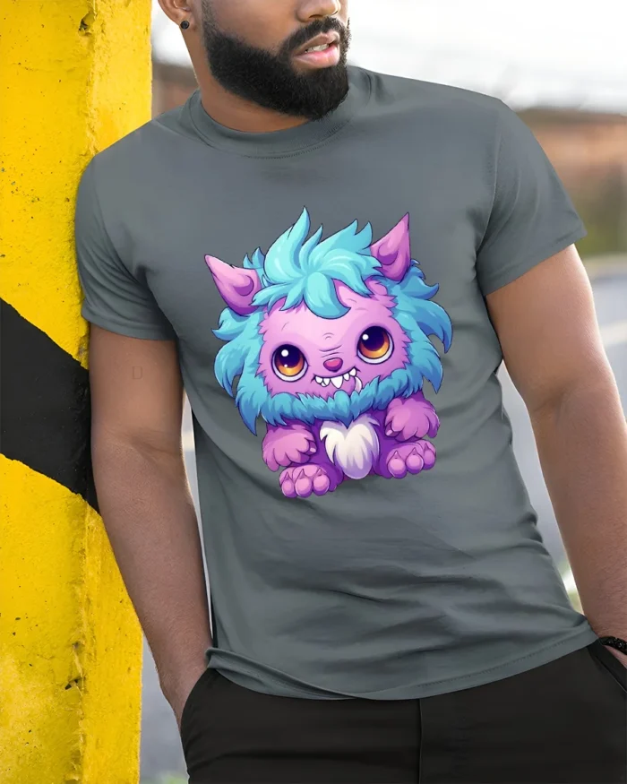 Cute Fluffy Monster Tee  Adorable Cartoon Creature T-Shirt - model in grey shirt leaning against column