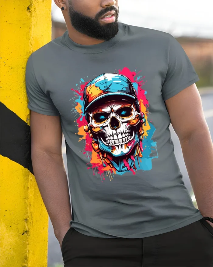Street Style Skull T-Shirt Colorful Skull with Hat Tee - model in grey shirt leaning against column