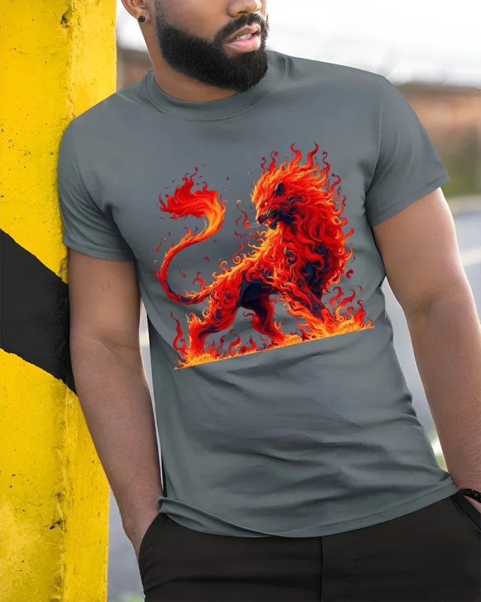 Fire Lion Graphic Tee Majestic Burning Animal T-Shirt - model in grey shirt leaning against column