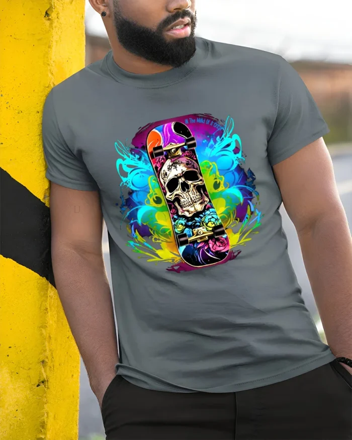 Skull Skateboard Tee Colorful Skeleton Rider T-Shirt - model in grey shirt leaning against column