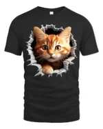 Hole in Tee Cat T-Shirt Cute Tabby Kitten Graphic - black t-shirt on white background