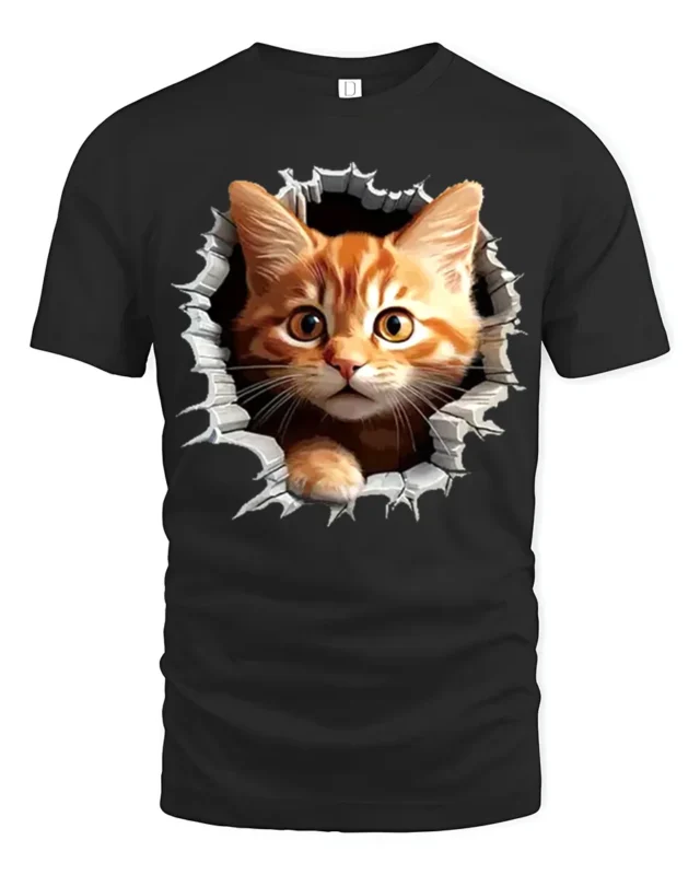 Hole in Tee Cat T-Shirt Cute Tabby Kitten Graphic - black t-shirt on white background