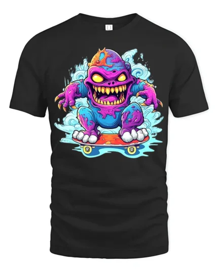 Skate Monster Funny Cartoon Skateboard T-Shirt - black t-shirt on white background