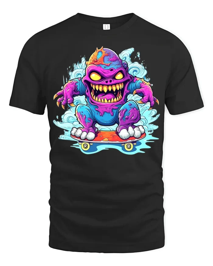 Skate Monster Funny Cartoon Skateboard T-Shirt - black t-shirt on white background