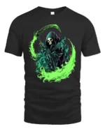 Green Reaper Scythe Grim Reaper Graphic T-Shirt - black t-shirt on white background