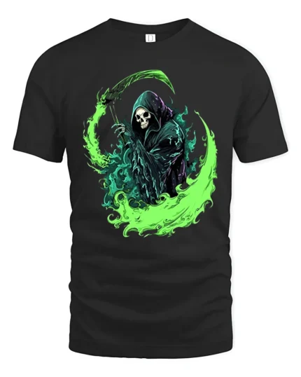 Green Reaper Scythe Grim Reaper Graphic T-Shirt - black t-shirt on white background