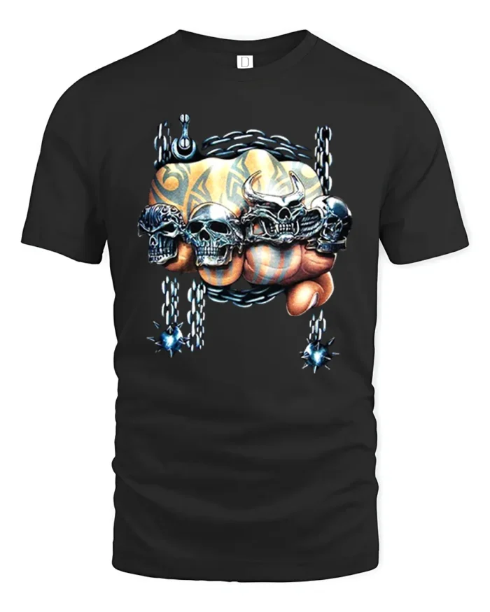 Skull Crusher Fist Metal Rock Graphic T-Shirt - black t-shirt on white background