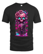 Romantic Skull Cute Skull with Roses T-Shirt - black t-shirt on white background