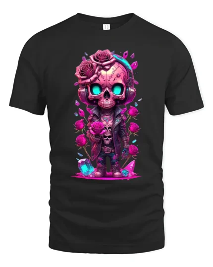 Romantic Skull Cute Skull with Roses T-Shirt - black t-shirt on white background