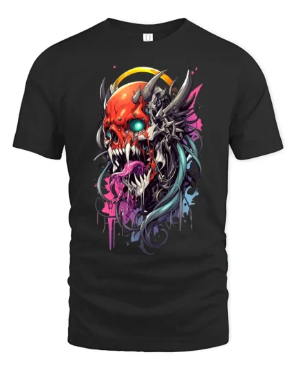 Cyberpunk Oni T-Shirt Futuristic Demon Skull - black t-shirt on white background