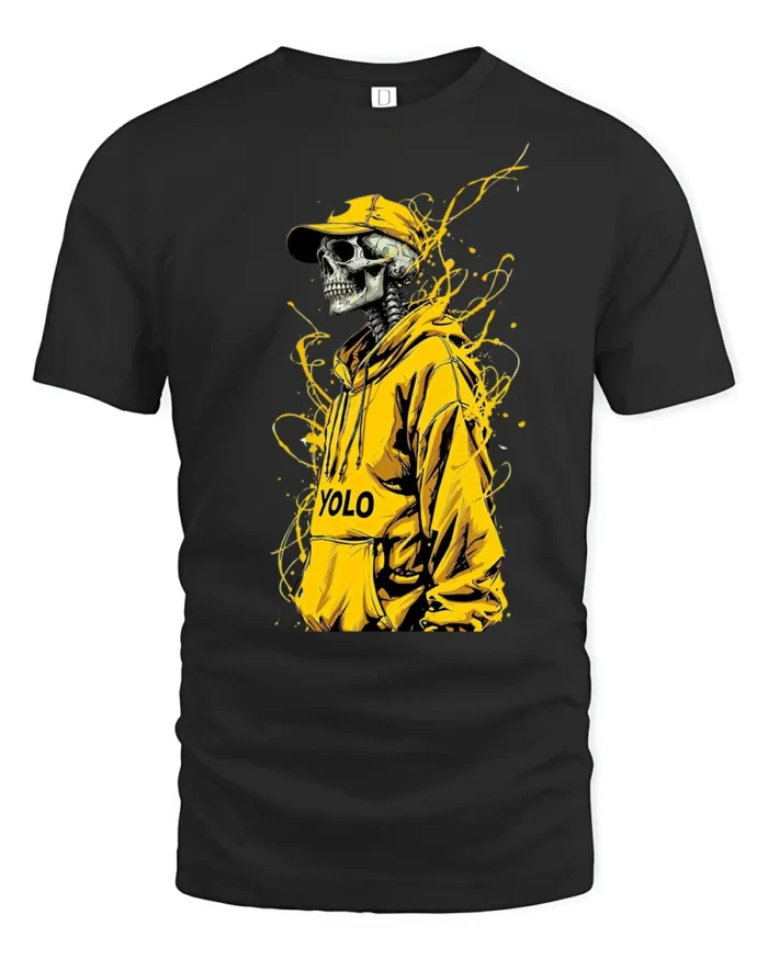 Urban YOLO Skull Trendy Skeleton Hoodie T-Shirt - black t-shirt on white background