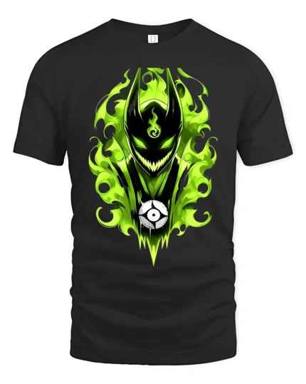 Green Flame Demon Eerie Monster Graphic T-Shirt - black t-shirt on white background