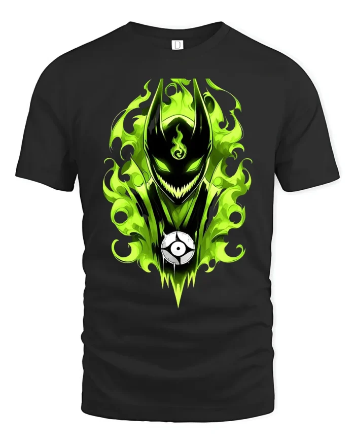 Green Flame Demon Eerie Monster Graphic T-Shirt - black t-shirt on white background