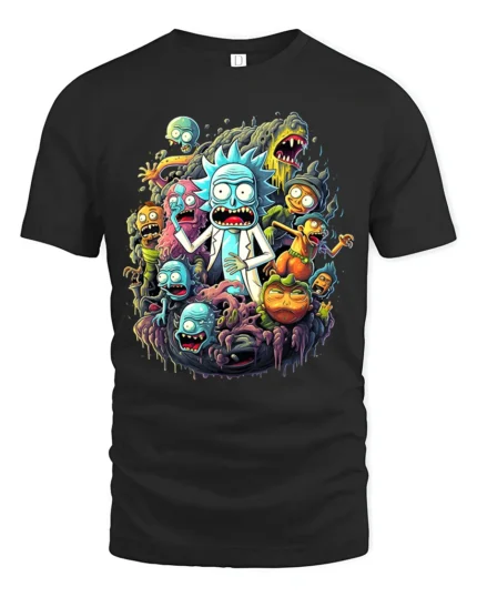 Rick and Morty Multiverse Funny Cartoon T-Shirt - black t-shirt on white background