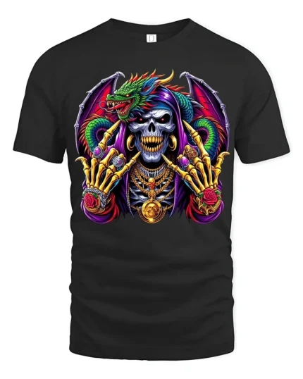 Jeweled Skull Dragon T-Shirt Edgy Fantasy Tee Now - black t-shirt on white background