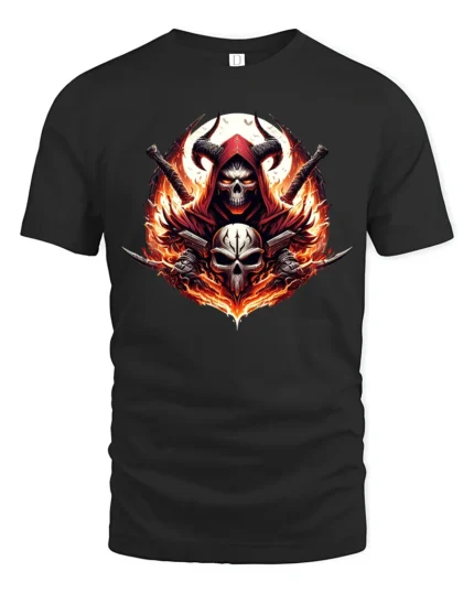 Blazing Skull Swords Dark Fantasy Warrior Tee - black t-shirt on white background