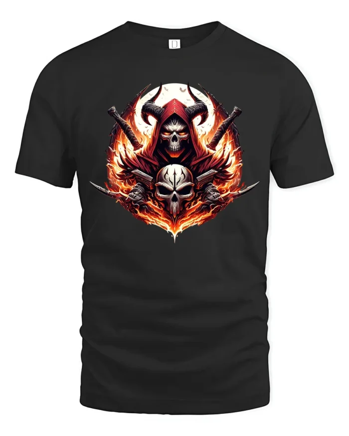 Blazing Skull Swords Dark Fantasy Warrior Tee - black t-shirt on white background