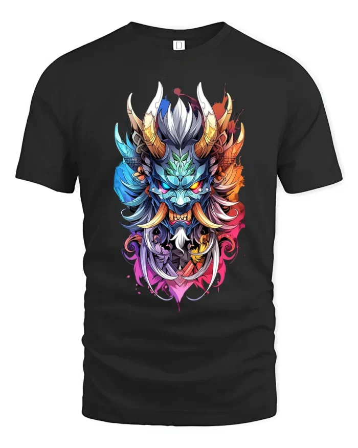Colorful Oni Mask Japanese Demon Art T-Shirt - black t-shirt on white background