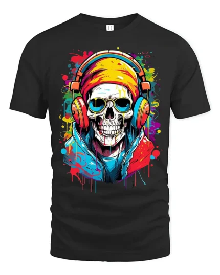 Skull Music Lover Cool Skeleton DJ T-Shirt - black t-shirt on white background