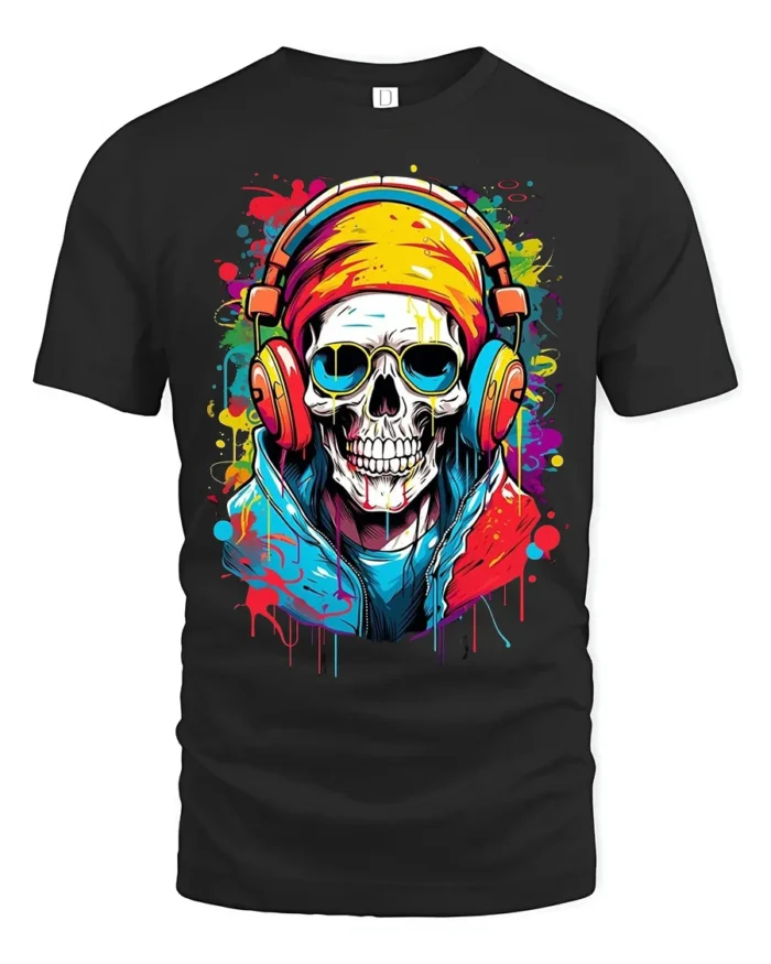 Skull Music Lover Cool Skeleton DJ T-Shirt - black t-shirt on white background