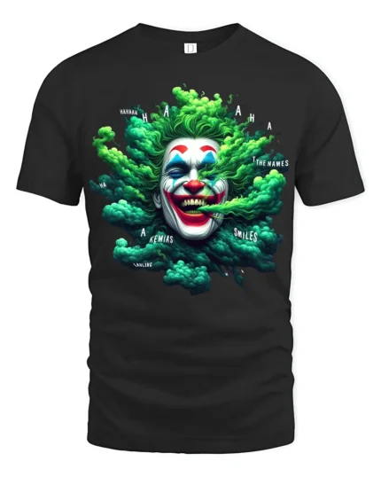 Green Smoke Joker T-Shirt Crazy Clown Graphic Tee - black t-shirt on white background