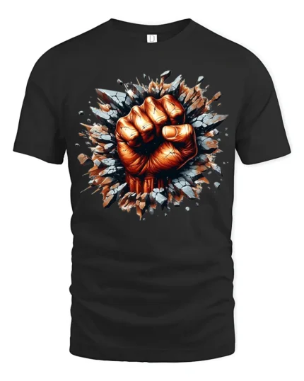 Power Punch Strong Fist Breaking Wall T-Shirt - black t-shirt on white background