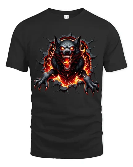 Fiery Wolf Breakout  Angry Wolf Graphic T-Shirt - black t-shirt on white background