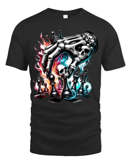 Death Plays Chess T-Shirt Skeleton Hand Game - black t-shirt on white background