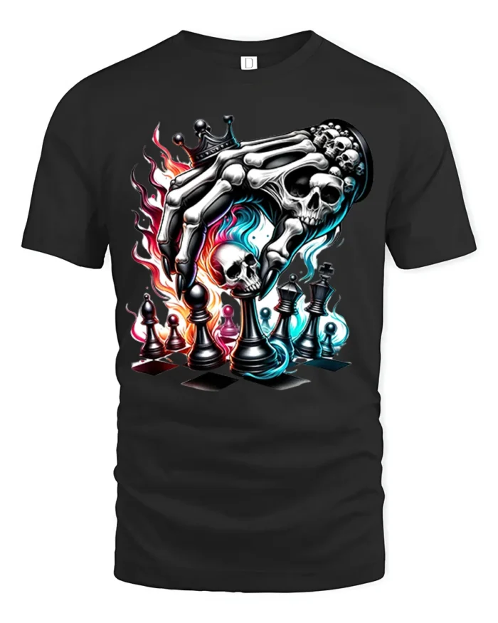 Death Plays Chess T-Shirt Skeleton Hand Game - black t-shirt on white background