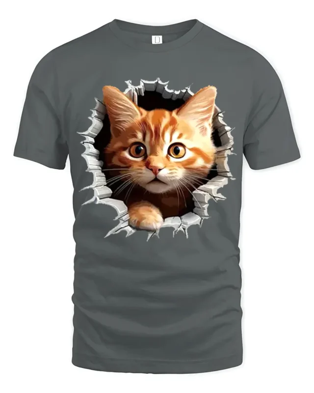 Hole in Tee Cat T-Shirt Cute Tabby Kitten Graphic - gray t-shirt on white background