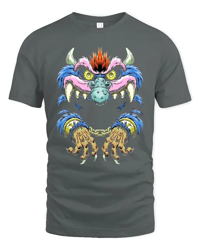 Crazy Monster Grin Tee Unique Colorful Monster Now - gray t-shirt on white background