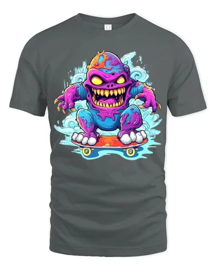 Skate Monster Funny Cartoon Skateboard T-Shirt - gray t-shirt on white background