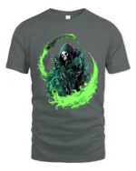 Green Reaper Scythe Grim Reaper Graphic T-Shirt - gray t-shirt on white background