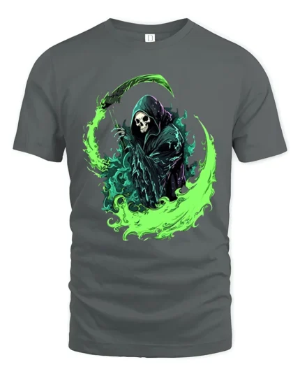 Green Reaper Scythe Grim Reaper Graphic T-Shirt - gray t-shirt on white background