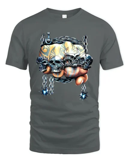 Skull Crusher Fist Metal Rock Graphic T-Shirt - gray t-shirt on white background